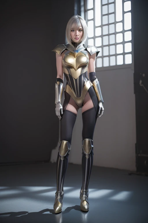 8k, High resolution, Ultimate realistic texture, Sharp texture, High resolution, Highest quality. Futuristic characters, whole body, thin, (The body is slim), Tall and healthy, short hair, Gray Hair, wear gold mecha armor, white body stocking, wear pants, boots, wear (Knee guard), gloves, Shoulder pads with cape. Perfectly set in the castle.