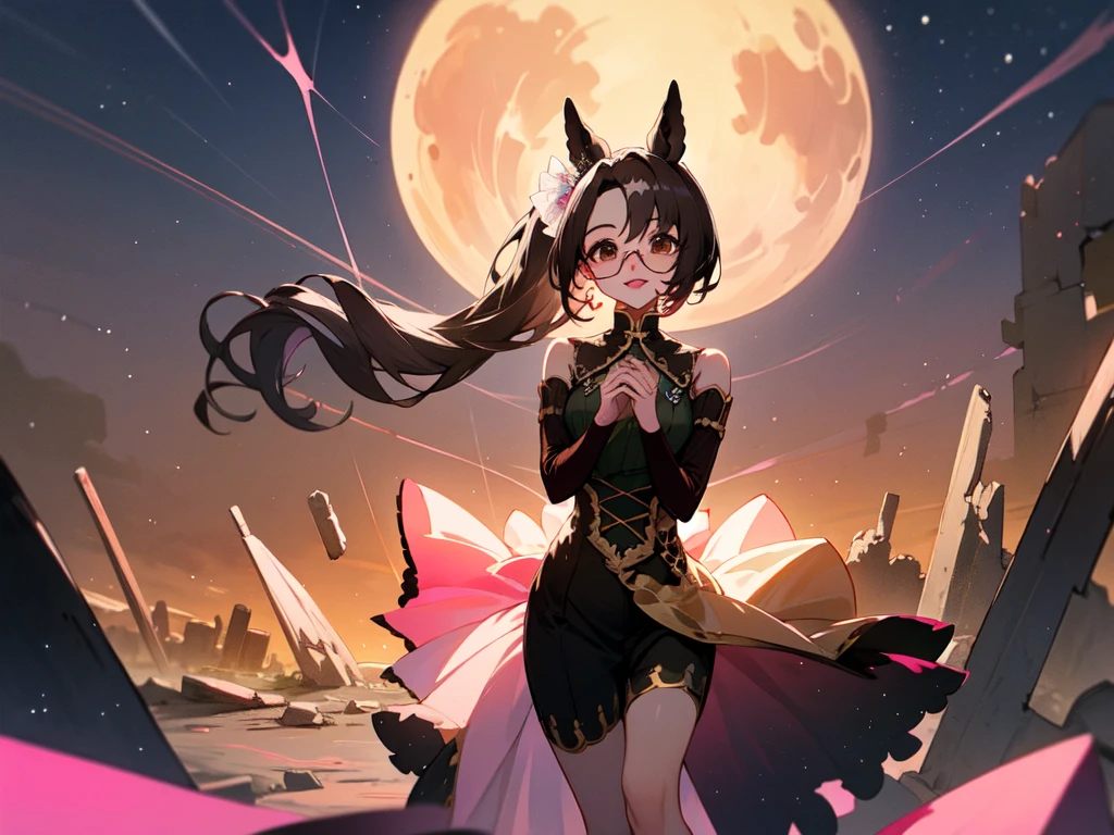 Masterpiece, high quality, 4K, HDR、Chest centered。Cool horse ears beauty、smile、looking at the camera。Brown Eyes、Pink Lipstick、Glamorous Body。Red glasses、Shoulder less、Casual clothes。Bend your knees、Place your hands on your chest and waist。Night starry sky、Ruins at night。