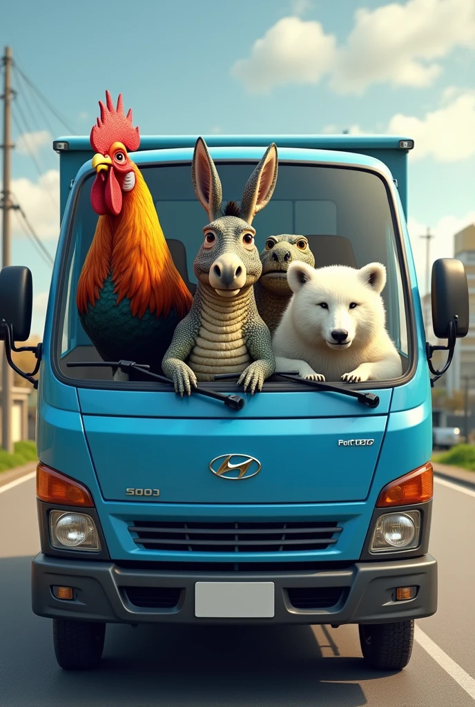 gallo, Crocodile, Donkey and a polar bear in a blue Hyundai Porter truck