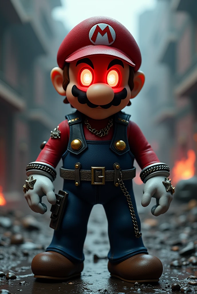 mario bros  ,rocker clothing metalhead chains, rock bracelets, red eyes in apocalyptic video game level, 3D ,video game type,in apocalyptic video game world,Whole body ,high resolution high detail cinematic volumetric