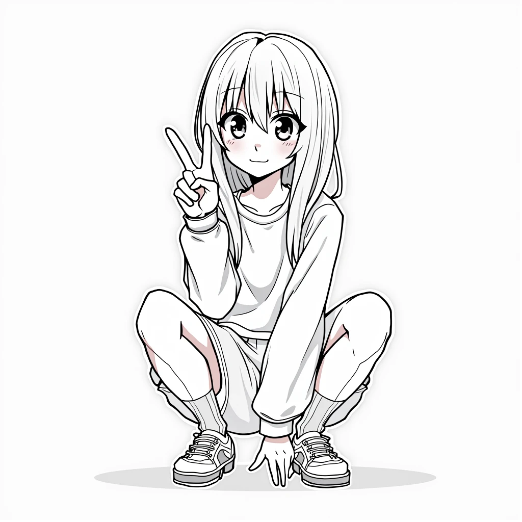 Line art anime woman squat peace sign