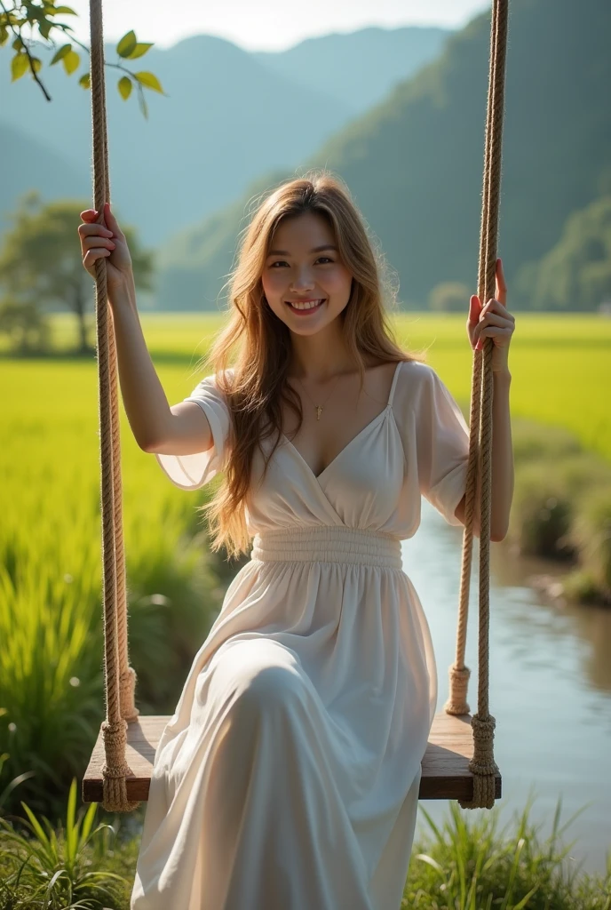 a woman sitting on a swing in a field, very very very beautiful scenery, instagram model, by Ma Quan, thigh gap, huge smile, paddy fields and river flowing, very pale white skin, having a great time, in good physical shape, 165 cm tall, in one frame, pink door, streaming on twitch, aum