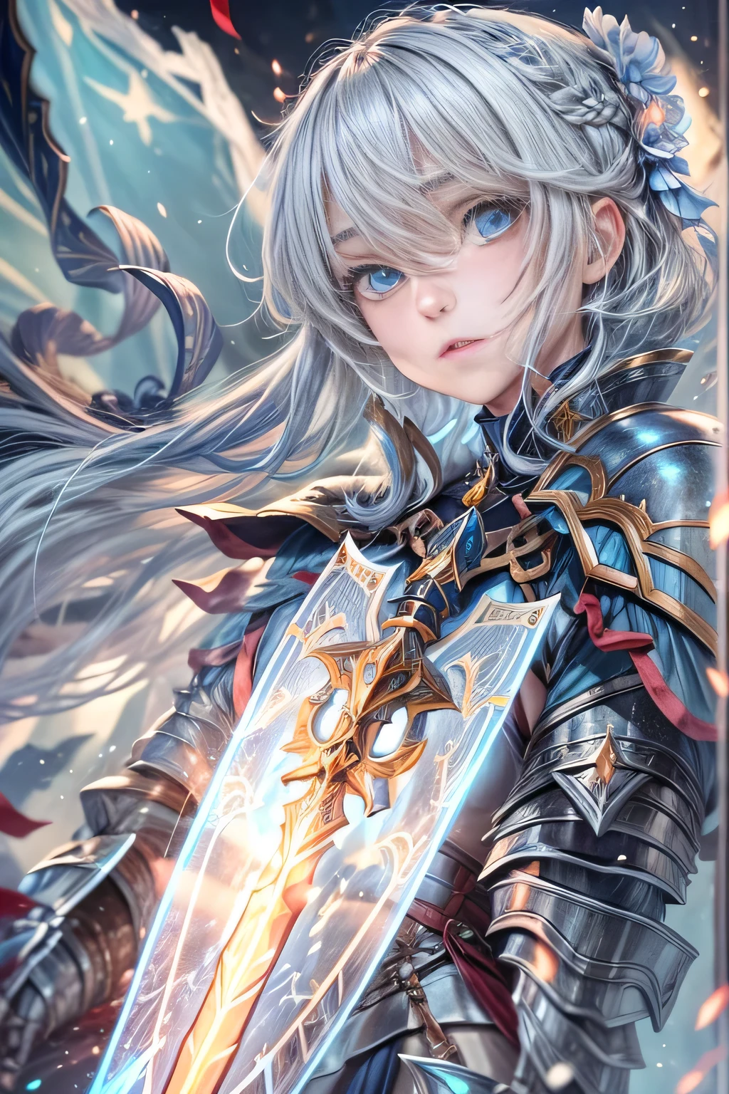 A female knight recognized by the legendary holy sword Excalibur、With the protection of the spirit of light, it emits an aura of light.、8k.Half Russian and half Japanese、Russian face、beautiful girl、A princess with the title of Dragon Slayer、、Small face、Young face、Big eyes、Skinny、Small breasts、(((Silver Hair、Silver Hair)))、With bangs、(((High resolution big beautiful light blue glowing eyes, )))、Shortcuts、Bobcut、(((Red ribbon in hair、Floral decoration)))、Partially braided、Transforms into an armored knight at the call of the holy sword Excalibur.、Large sword、A holy sword that emits a pale blue light、((god々He holds up his sword, shining a deep blue, to the sky.))、god々A sword that shines brilliantly、Shield of Light、Armor of Light、fantasy landscape、Fantasy、(Battle with the Dark Knight、Fighting the Demons、Fighting the beastmen)A dragon knight riding a flying dragon through the sky、The sword swings down, leaving a trail of light in its wake.