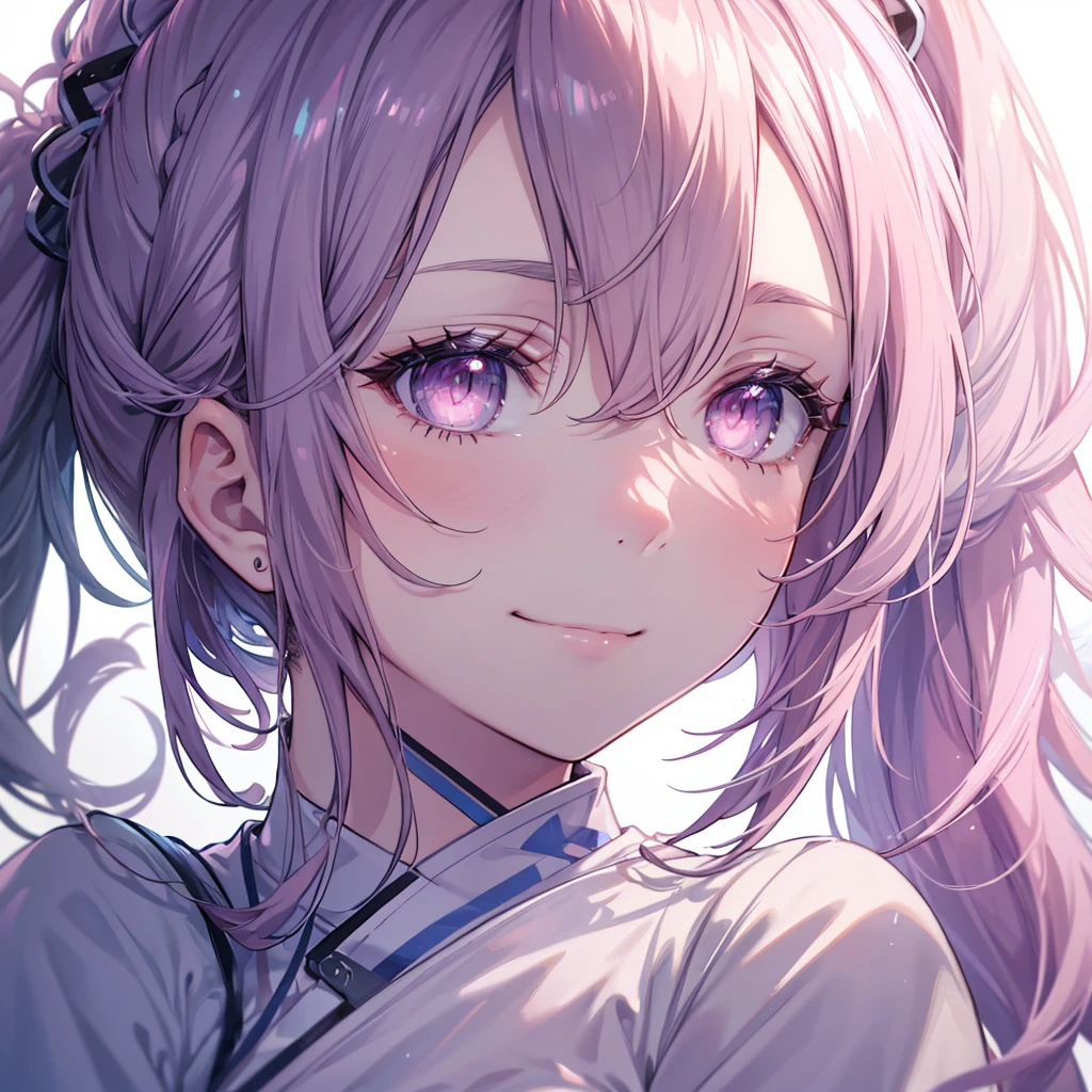 wear scrub, pale blue scrub clothing,
a beautiful detailed portrait of a shoulder length hair nurse aide, ponytail, no hat, large breasts, in an anime style, high resolution, photorealistic, dramatic chiaroscuro lighting, intricate details, piercing gaze, ominous aura, beautiful brown eyes, sharp facial features, strong presence, pink eyes, smile, Background White,