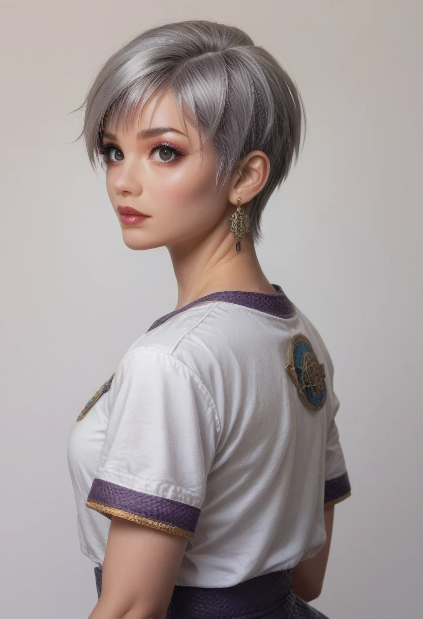 (best quality, masterpiece), 1girl, beautiful girl, brown_eyes, ((hair color [Silver hair], [pixie cut with bangs] hair)), earrings, lips, short sleeves,realistic, narrow waist, charming, colorful makeup, long eyelashes, fair skin, (cute), (detailed face), detailed eyes, detailed iris, 