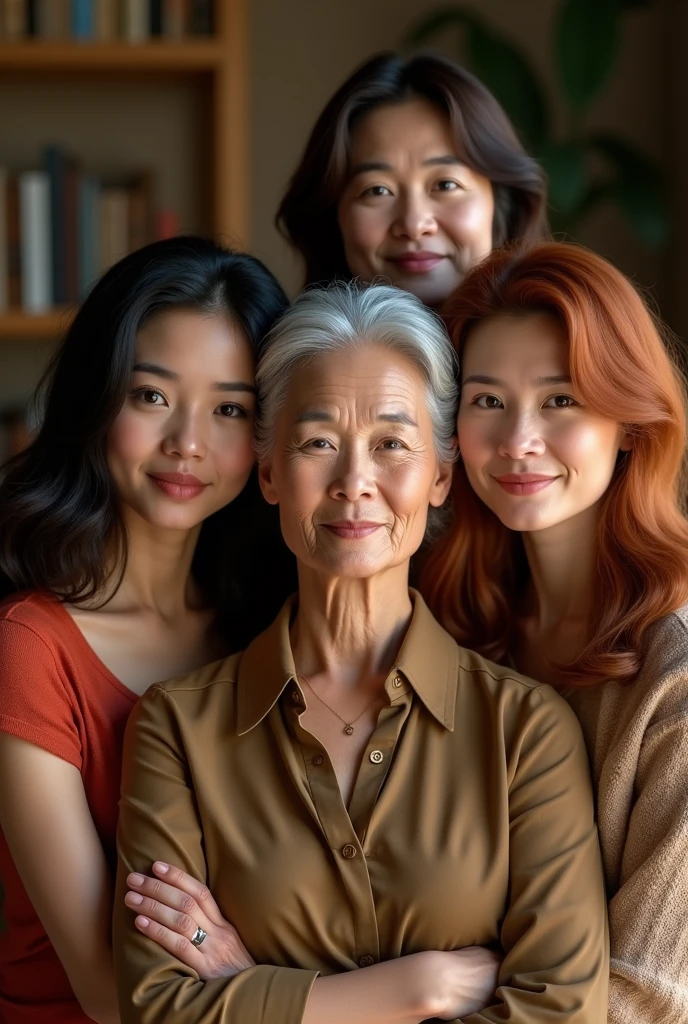 a 60 year old woman, three 50 year old daughters, one Asian, one redhead, one brunette, detailed faces, realistic, high quality, masterpiece, photorealistic, hyper detailed, cinematic, dramatic lighting, warm colors, family portrait