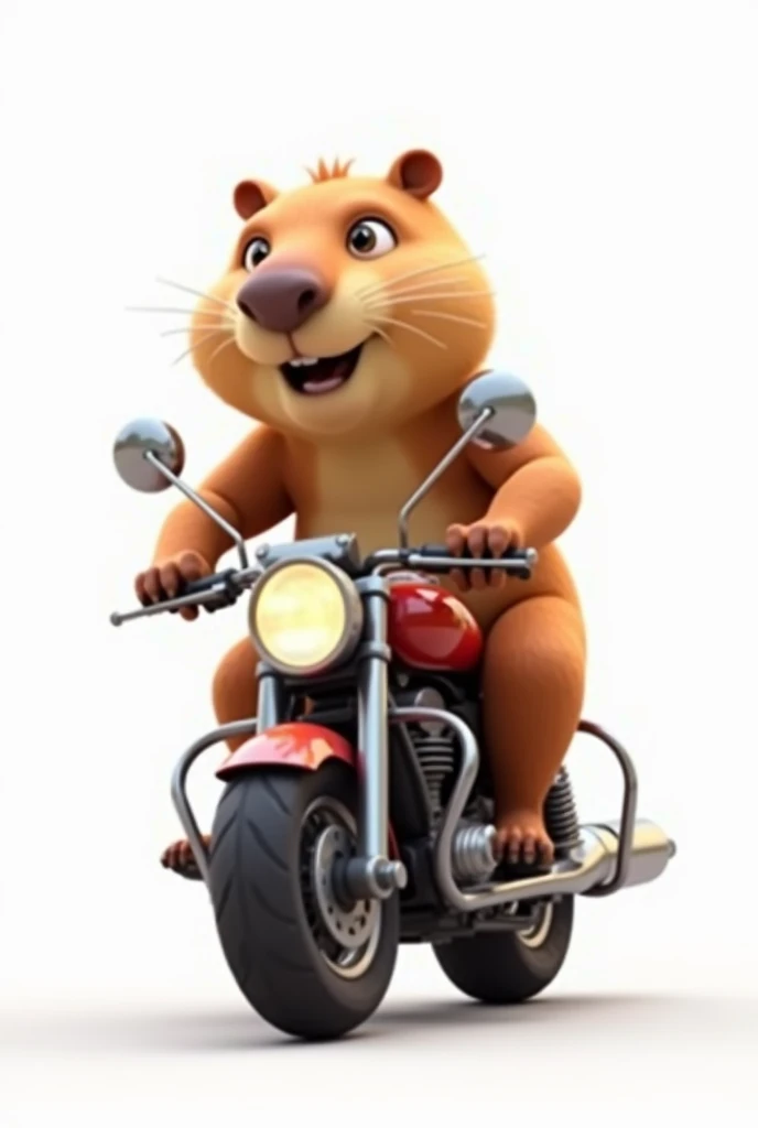 AN ANIMATED CAPYBARA RIDING A MOTORCYCLE BUT BEAUTIFUL WITH A WHITE BACKGROUND