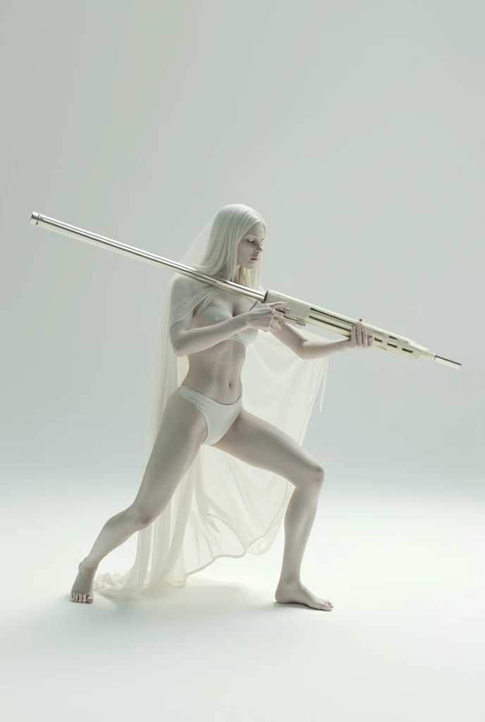 A white waif gaussian silk loincloth bottom and top holding a long thin long rifle, in dynamic (((splits pose))) aiming at its prey, 8k,