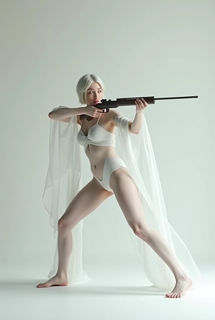 A white waif gaussian silk loincloth bottom and top holding a long thin long rifle, in dynamic (((splits pose))) aiming at its prey, 8k,