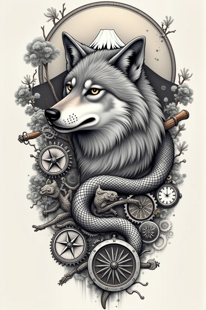 Tatouage Loup +lune +mont fuji+dragon avec katana+rose des vents+montre a gousset+etrier de frein de voiture de sport avec sa jante+shaker et cocktail+never give up +tout les element relié par des engrenage steampunk