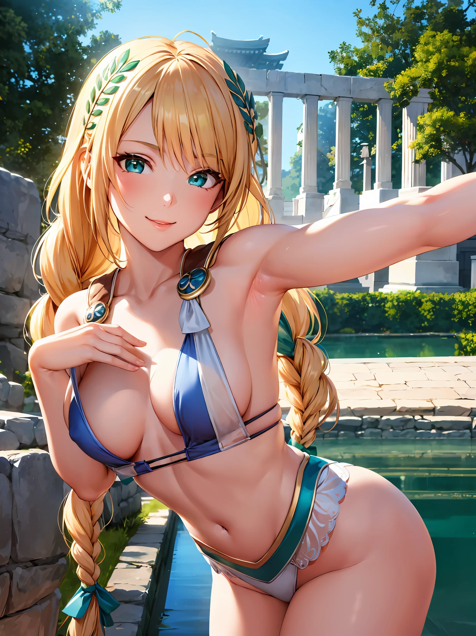 Armpit Show,Throw kiss,(8k, masterpiece), High resolution, high quality (最high quality), Sophitia,blonde,Long Hair,Braiding,green, At the flower-blooming temple, Cute and sexy smile, Spectacular Dynamic Lighting, Beautiful Eyes, Delicate face, Detailed skin, Detailed chest, Vibrant colors,
