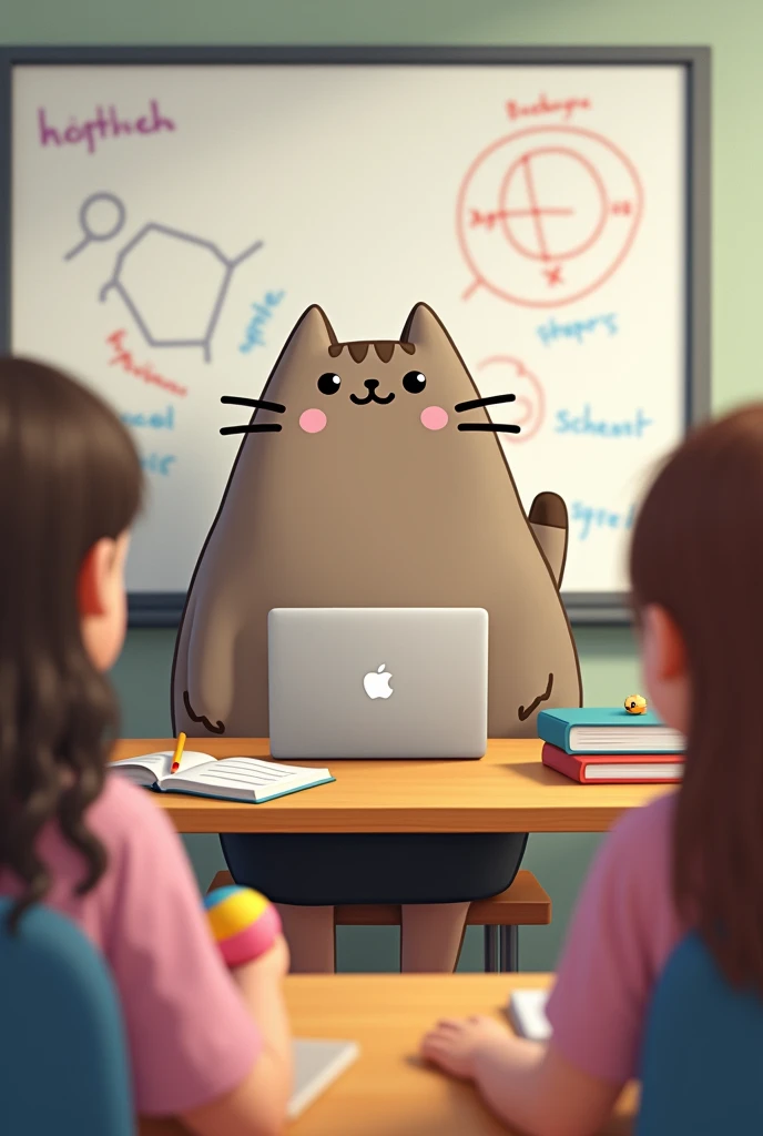 Create an image of a young female teacher as the character Pusheen sitting in a B2 German language class. She is sitting at her desk with a silver MacBook, a few books, and a small colorful ball on the desk. Behind her is an interactive whiteboard with some notes written on it, and there are 21 students in the class
