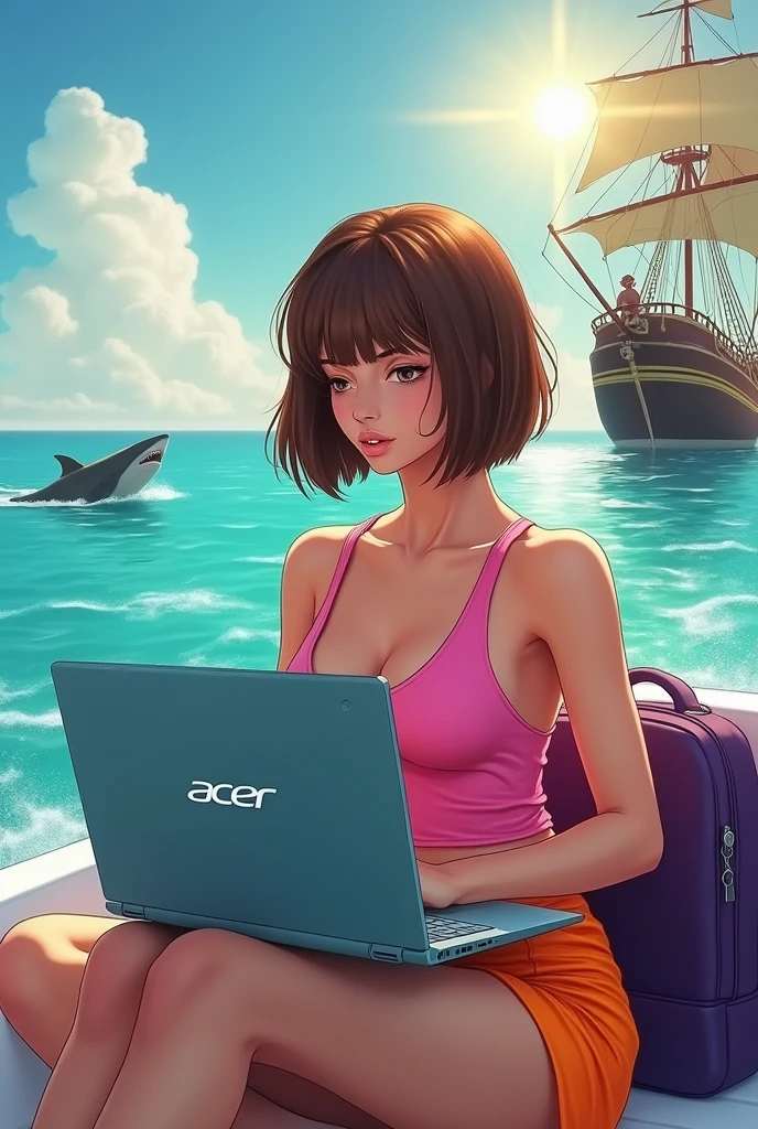 Sexy woman, sitting on boat, floating in the ocean, playing Acer computer, acer logo on computer, wearing pink top, orange short, purple bag pack , short bang brown hair, pirate ship and shark in background, sunlight, realistic, intricate details