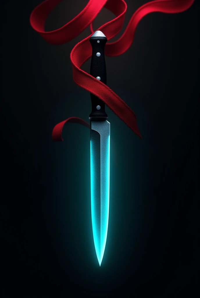 Generates a black background, In the middle of everything there is a red ribbon and a knife with a slight cyan glow.