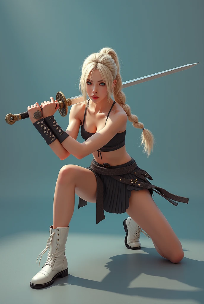 masterpiece, Best Quality, super rendering, super Realistic, High Detail Face, Clean and delicate face, whole body, Crouch and swing a long sword, grip the sword anatomically correctly, Single Braided blonde pony tail, parted bangs, forehead, wearing a camisole and pleated mini skirt, bare ass, open legs, Sleeveless, black pantyhose, white short boots, glaring at the viewer, simple color background