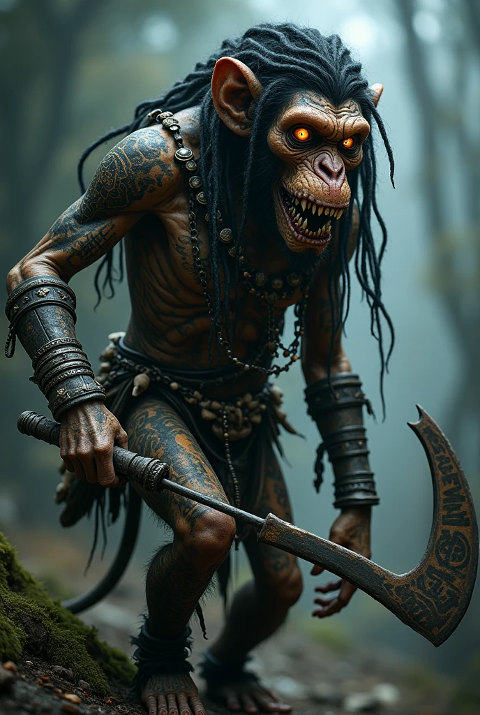 hyper-realistic detailed intricate humanoid-monkey monster with dreadlocks, glowing eyes, sharp, pointed teeth, intricate tattoos or markings that glow faintly, armor or clothing made from bones, scales, or enchanted metals, clawed hands and feet, a dark, eerie forest or desolate otherworldly landscape background, accessories like amulets, rings, or chains, wings or additional limbs, and an ancient powerful weapon with runes or glowing elements