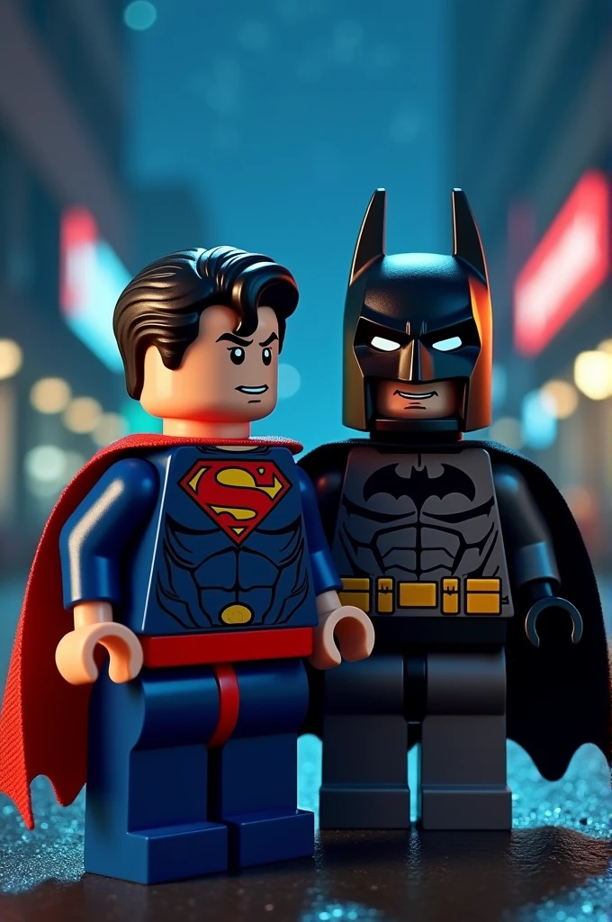 Superman and Batman in Lego art, at night.