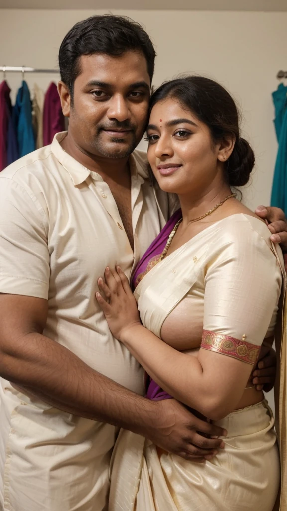 a  50-year-old shirtless man  affectionately hugging and kissing aradiant, full-figured South Indian plus-sized 30 year old teacher wearing a pink silky saree in  dressing room, captured in a full-body image with vibrant hues and meticulous details. Full body image