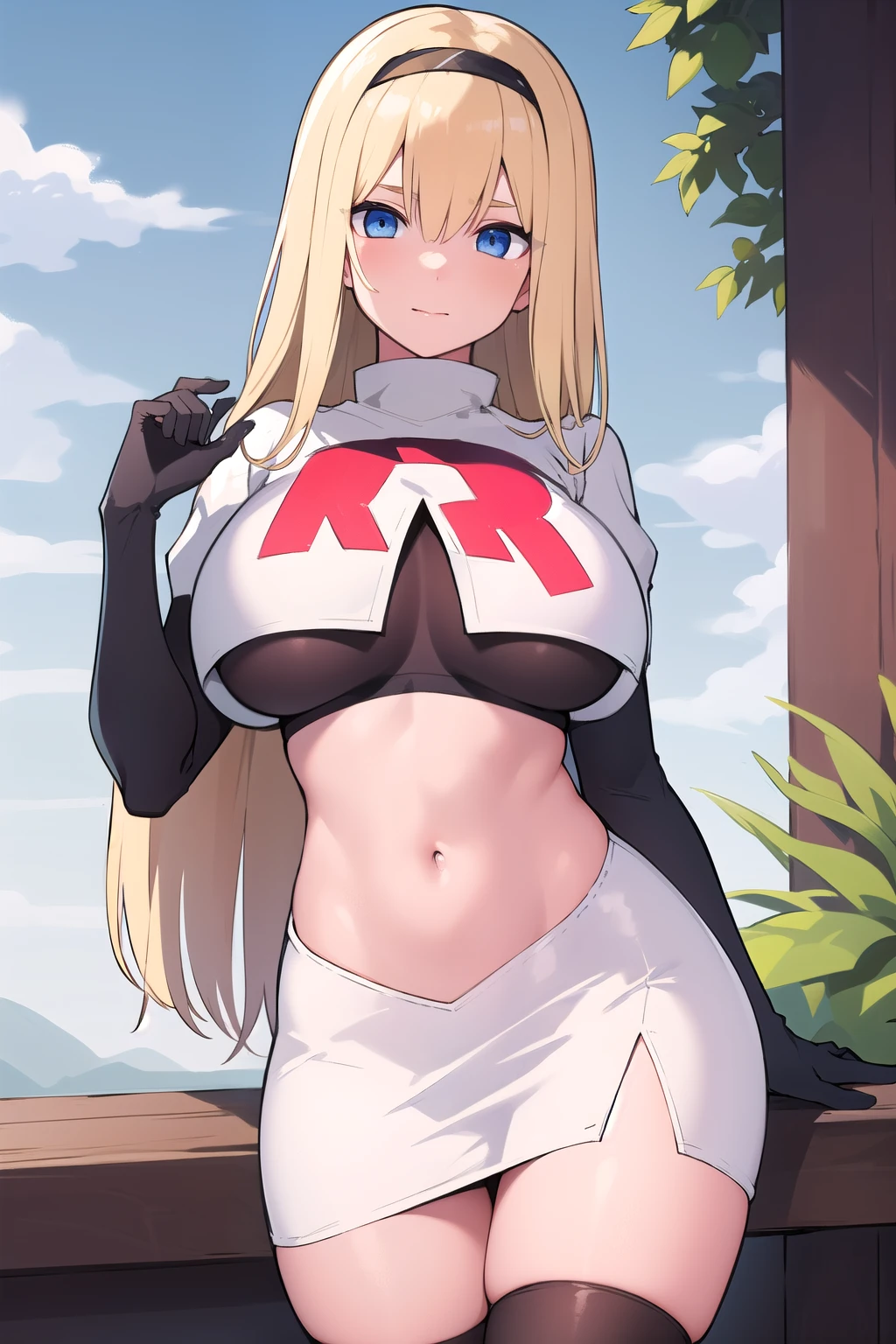 masterpiece, best quality,simple eyes,outdoors,1girl,north carolina,bangs, blonde_hair, blue_eyes,large breasts, eyebrows_visible_through_hair, hairband, long_hair, long_sleeves, looking_at_viewer, team rocket,team rocket uniform,white skirt,red letter R,crop top,black thigh-highs,black elbow gloves