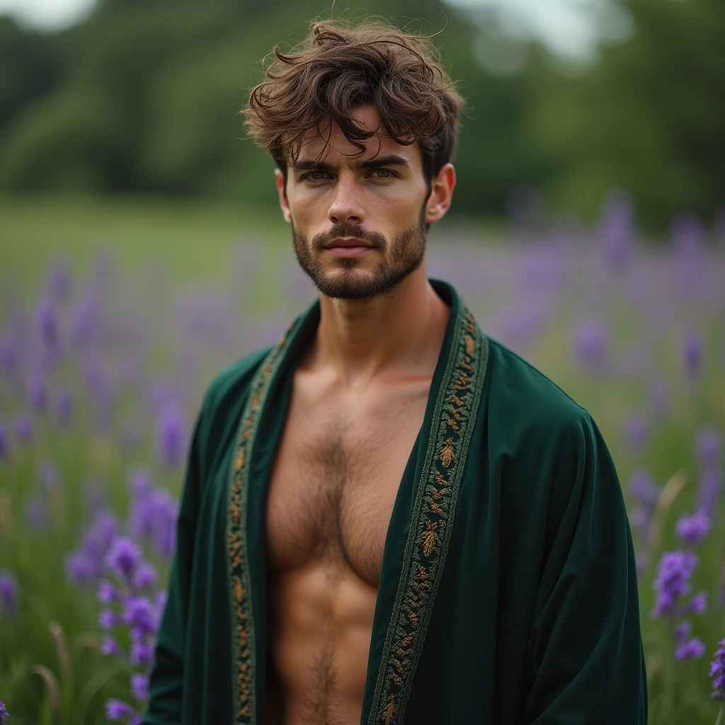 Envision a photograph of a male model standing in a field of lush purple flowers, inspired by the soft, poetic aesthetic of photographers like Bruce Weber or Herb Ritts, who often captured the intersection of nature and human form with a sensual, dreamlike quality. slender and lean, toned build with a light dusting of chest hair, evoking a natural and earthy appeal. creating an air of mystery and intimacy while also harmonizing with the surrounding floral environment.
The model stands upright in a slightly relaxed posture, his torso subtly angled to the camera, allowing the light to highlight the natural contours of his physique. His expression is serene and reflective, contributing to the tranquil atmosphere of the image. He wears only dark green embroidery robe, further emphasizing his connection to nature and the rawness of the moment.
The composition uses a medium framing, keeping the model’s upper body in focus while the background is rich with softly blurred greenery and wildflowers. The lighting is natural, with soft daylight illuminating the scene, creating warm tones on the model’s skin while enhancing the purples and greens in the environment. This gives the image a calm, almost surreal atmosphere, with the light and colors playing off each other harmoniously.
The camera is positioned at eye level, allowing the viewer to connect directly with the model, while a 50mm or 85mm prime lens would capture this scene beautifully, keeping the depth of field shallow to subtly blur the background while maintaining the sharpness of the model and the flowers he holds. This framing highlights the delicate balance between the rugged masculinity of the model and the softness of nature around him, drawing inspiration from classic fashion and fine art photography, where themes of nature, sensuality, and human connection intertwine seamlessly. The photograph could evoke a sense of peaceful contemplation,
