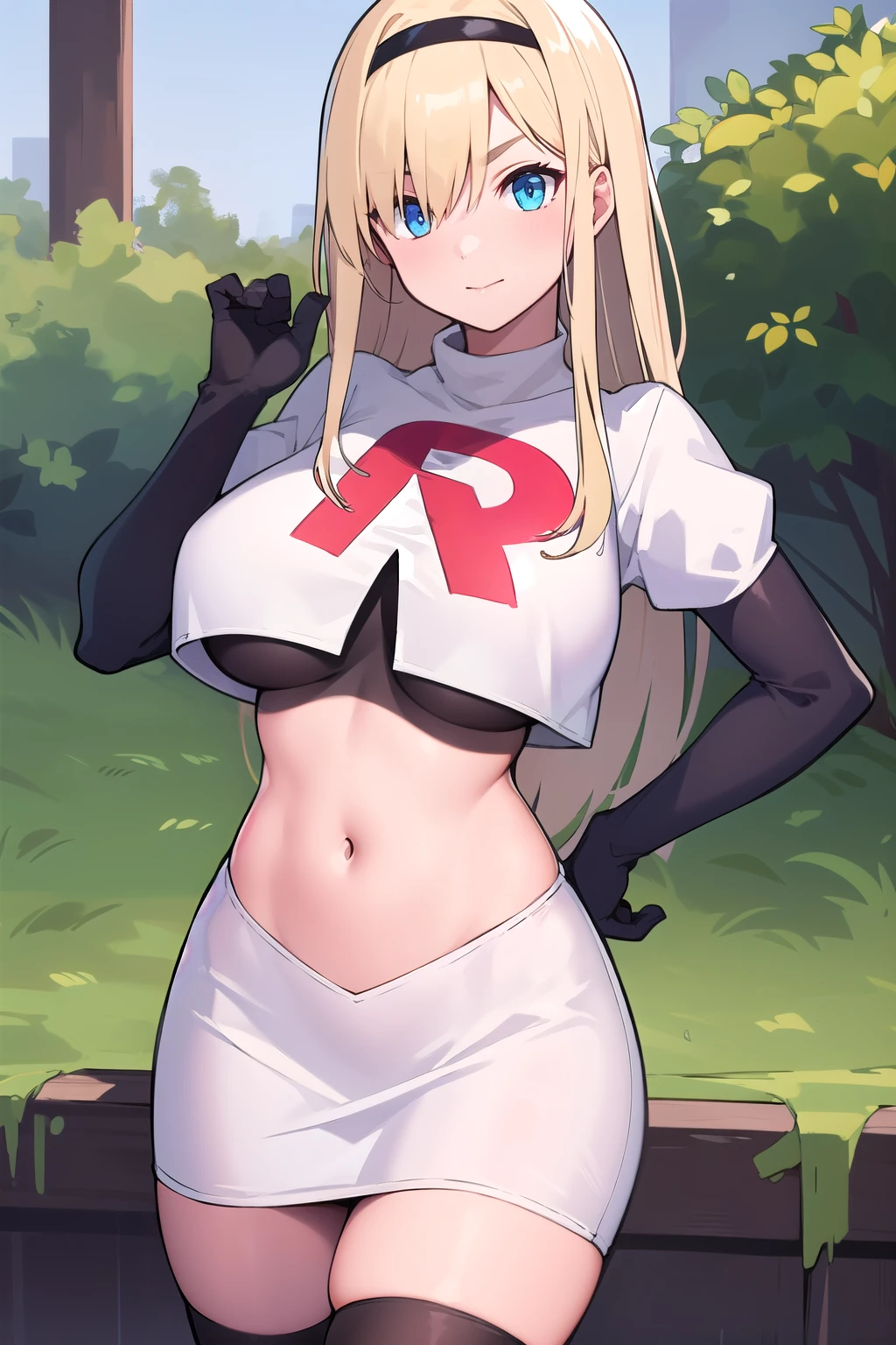 masterpiece, best quality,simple eyes,outdoors,1girl,north carolina,bangs, blonde_hair, blue_eyes,large breasts, eyebrows_visible_through_hair, hairband, long_hair, long_sleeves, looking_at_viewer, team rocket,team rocket uniform,white skirt,red letter R,crop top,black thigh-highs,black elbow gloves