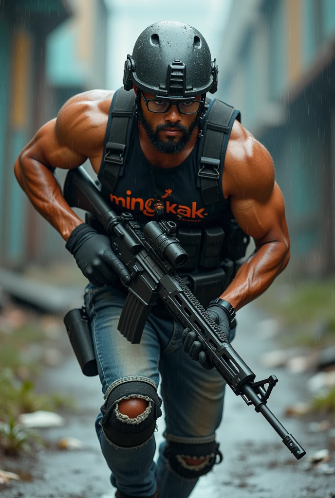 full body view, an Indonesian male soldier wearing glasses, berkeringat kotor, strong body, carrying an assault rifle, wearing knee pads, tactical helmet, assault vest, black tank top with red and white small garuda logo, ripped jeans, running to find the enemy, fight theme ,display "MINGKAK" on his clothes. abandoned factory site, drizzly afternoon atmosphere, ultra HD, kulit asli tinggi dan detail hiper,
