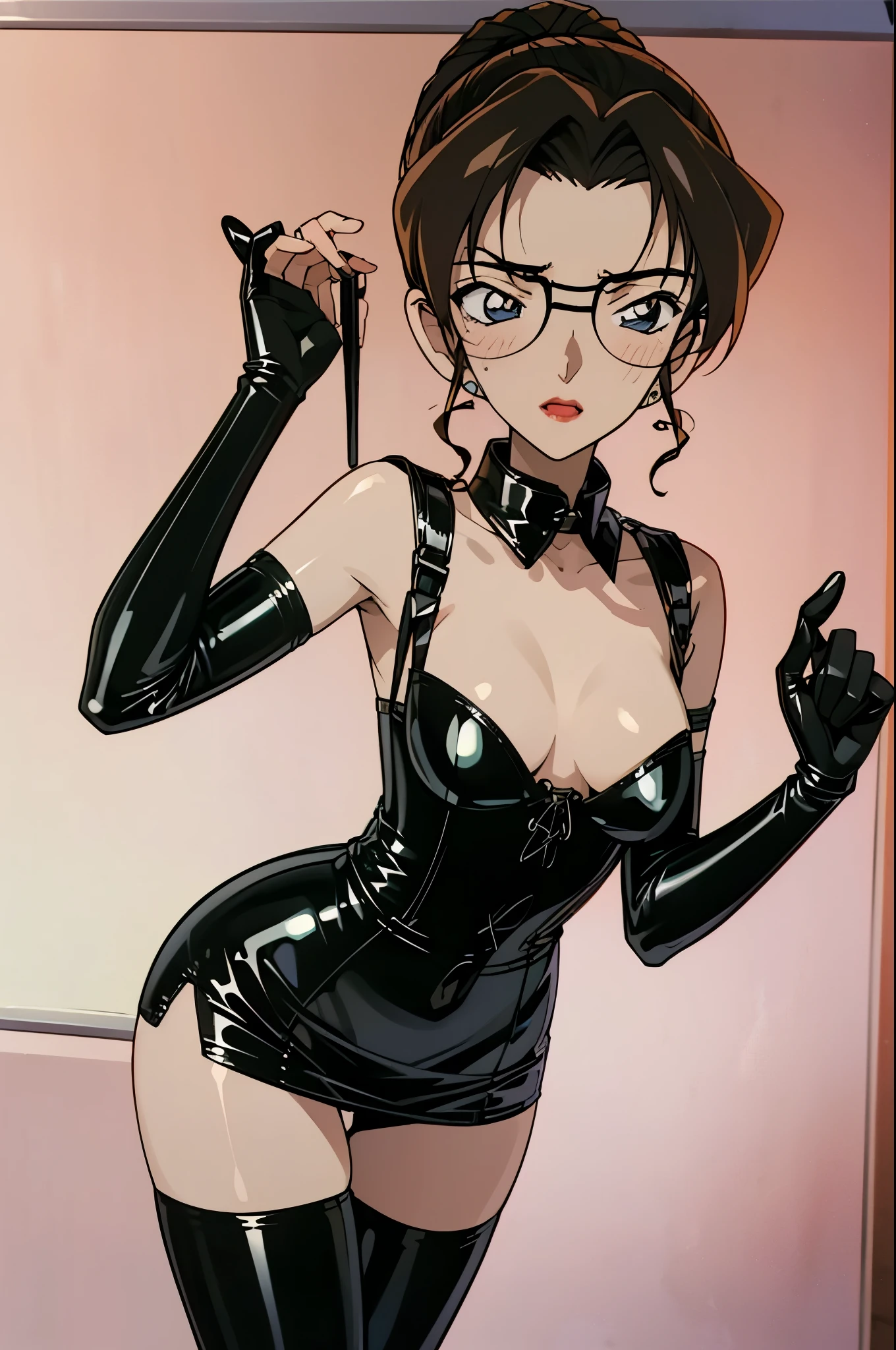 BDSM、Queen、mistress、(((There is 1 person)))、(((solo:1.8)))、(((Black latex elbow gloves:1.4 )))、(((Black latex corset dress:1.4)))、(((The corset dress is decorated with beautiful lace.)))、(((Corset dress with shoulder straps)))、(((Black latex tight mini skirt:1.4)))、(((Black Thigh Boots)))、(((Black rubber tights:1.2 )))、(((Stiletto Heel Boots:1.4)))、(((Black latex panties)))、(((Black latex bra)))、(((Red leather collar)))、(((Sexy pose:1.4 )))、Wide-open legs:1.2、(((Erotic)))、(((Cowboy Shot)))、Close-up、Fine-grained beautiful skin、Two perfect anatomical arms、Two perfect anatomical legs、(Perfect 4 fingers and 1 thumb)、
