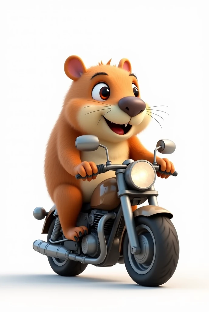 AN ANIMATED CAPYBARA RIDING A MOTORCYCLE BUT IT IS CUTE WITH A WHITE BACKGROUND