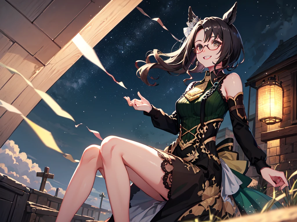 Masterpiece, high quality, 4K, HDR、Chest centered。Cool horse ears beauty、smile、looking at the camera。Brown Eyes、Pink Lipstick、Glamorous Body。Red glasses、Shoulder less、Casual clothes。Bend your knees、Place your hands on your chest and waist。Night starry sky、Ruins at night。