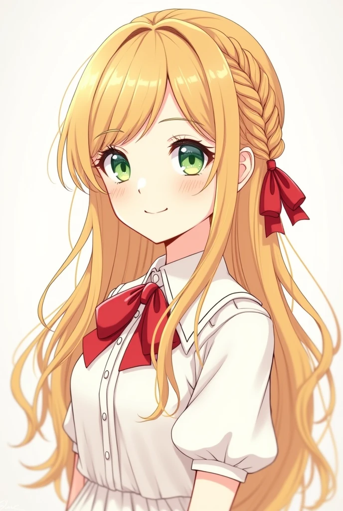 Almond colored hair, , light green eyes, long hair with a braid on the side, Tie a red bow on the back of hair, pale skin, A simple white dress with a red bow at the collar, a cheerful and cheerful face, line art