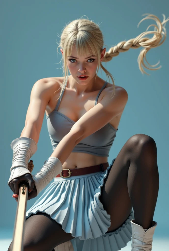 masterpiece, Best Quality, super rendering, super Realistic, High Detail Face, Clean and delicate face, whole body, Crouch and swing a long sword, grip the sword anatomically correctly, Single Braided blonde pony tail, parted bangs, forehead, wearing a camisole and pleated mini skirt, bare ass, open legs, Sleeveless, black pantyhose, white short boots, glaring at the viewer, simple color background