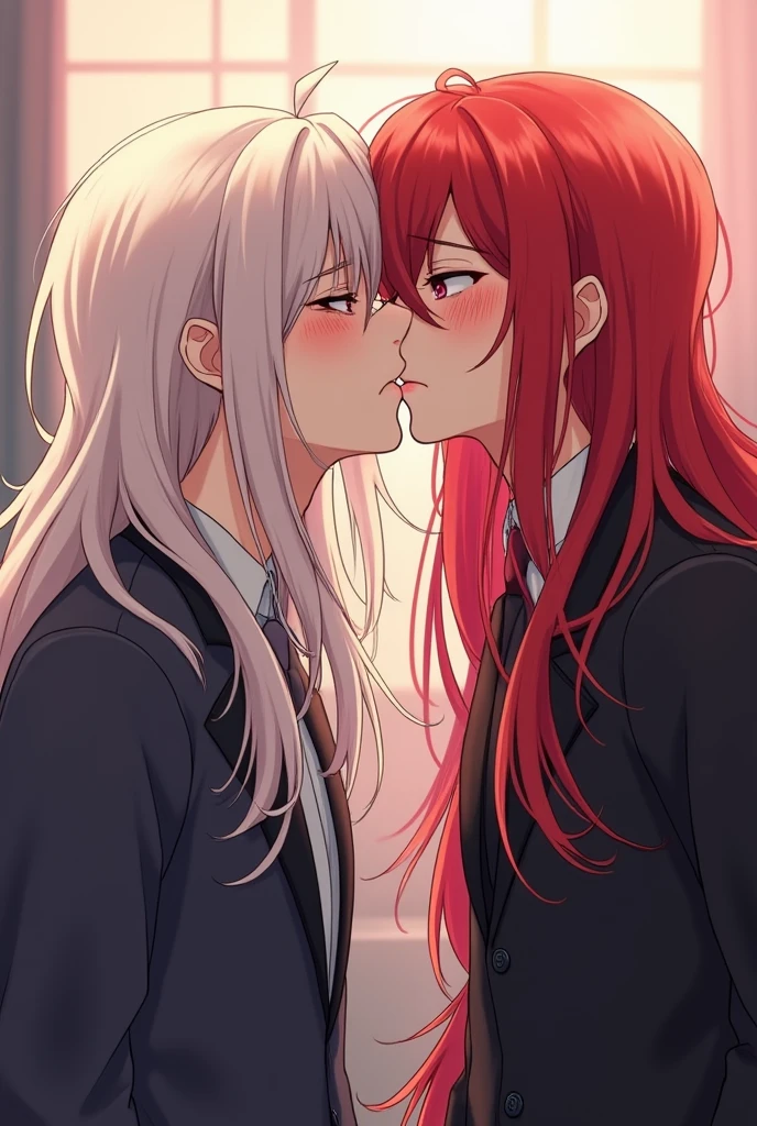 Two mens Gay anime long red haired man kissing long white haired man, sex  