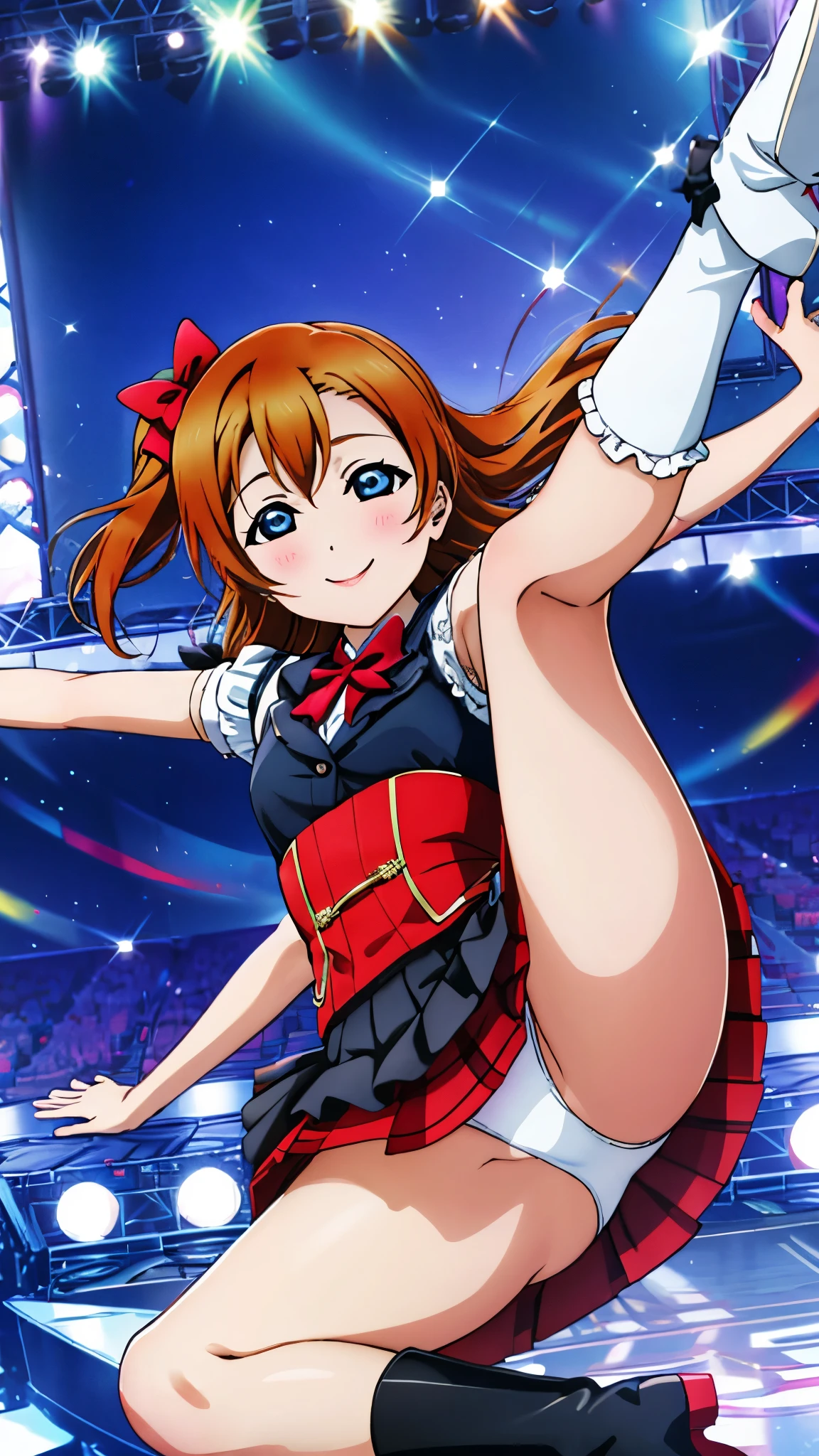 {{{masterpiece}}}, {{{Highest quality}}}, {{Very detailed}}, {{Very delicate and beautiful}}, 8k, Browsing Caution, {{Honoka Kosaka: 1.5}}, lovelive! , {{lovelive!}},Orange Hair, blue eyes, thin, Middle chest, , {{{lovelive アイドルドレス}}}, {White panties}, {{gray color}}, {Spreading legs},{Red Skirt}, {{{Frilled Panties}}}, Platform boots, break, Hands outstretched, smile, Blushing, dancing, Pause, Leg spread, Peeking out from under the skirt,{{I can see her panties}}, (Flip-up skirt),One leg up, Illumination from below, on stage,