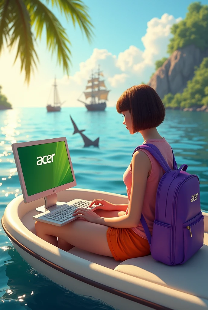 Realistic woman, sitting on boat, floating in the ocean, playing Acer computer, acer logo on computer, wearing pink top, orange short, purple bag pack , short bang brown hair, pirate ship and shark in background, sunlight, realistic, intricate details