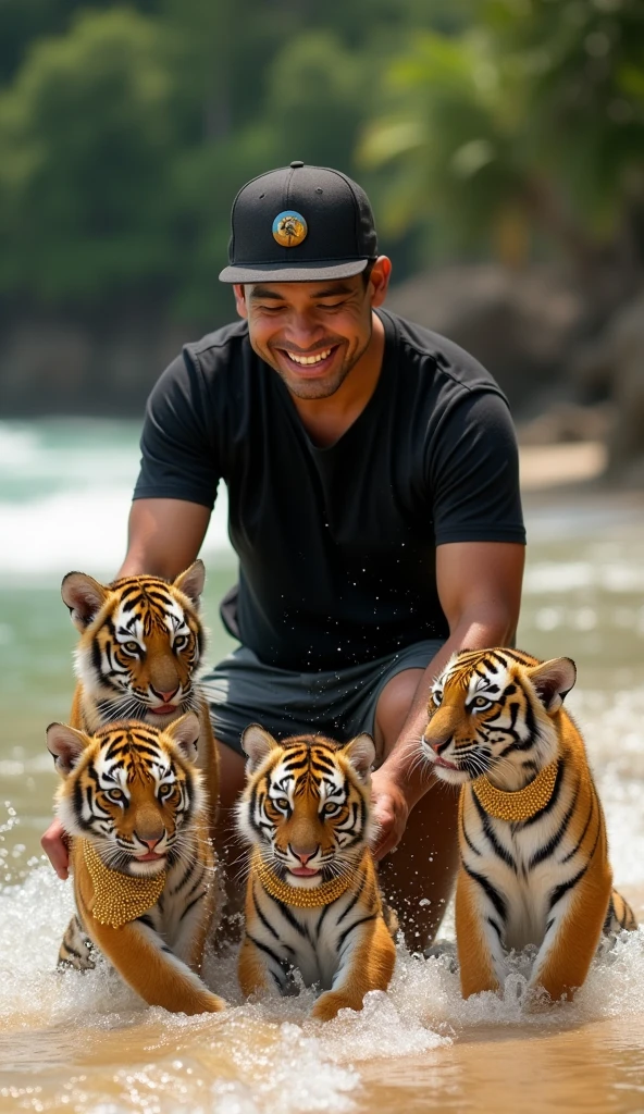 An indonesian man in black t-shirt and short pant, enjoying bathing 4 tiger cubs in the summer. Wear a black baseball hat, he splash water on Tiger cubs head and look very happy and smiling happily. All Tiger cubs wears a gold chain on their neck. on the beach. Daylight