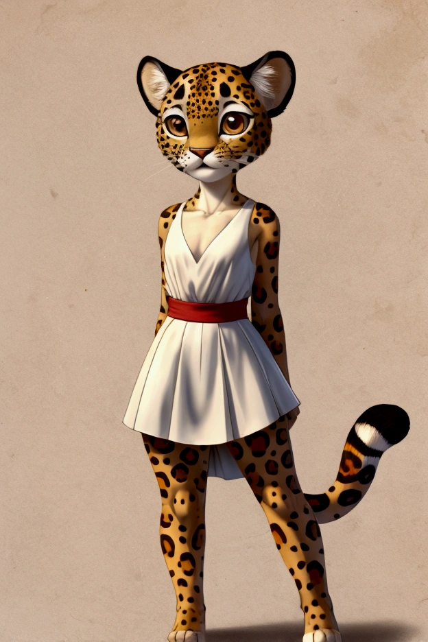 Little skinny female jaguar with nice big thighs and cute brown eyes and is wearing a short dress with a full body mini skirt and is .