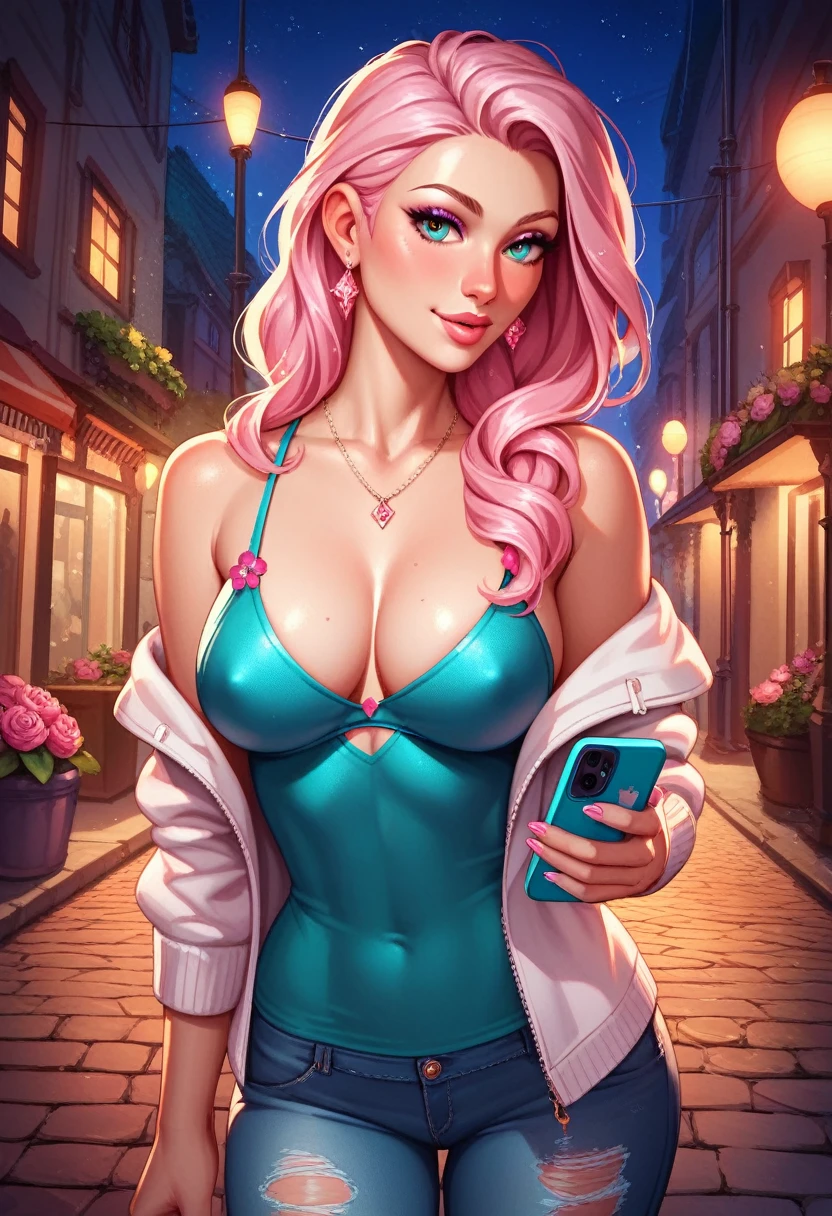 Beautiful woman, Lighted street at night, Fidgeting with smartphones, hot pants, Fragrant pink flowers, Passersby, Night view gradation, The finer details, Subtle tone, Silence on the screen.
