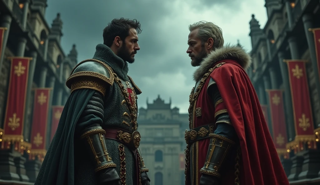 A cinematic and evocative scene in the style of Edmund Blair Leighton, showcasing the intense rivalry between Edward III of England and Philip VI of France. The image is split into two halves: on one side, Edward III stands resolute, draped in regal armor adorned with the English coat of arms. His expression is fierce, conveying his claim to the French throne. On the other side, Philip VI is depicted with the French royal regalia, his posture and gaze challenging, symbolizing his own claim and authority. The background reflects the deepening conflict and tension, with dark, stormy skies and tumultuous clouds that symbolize the brewing storm of their rivalry. The setting includes elements of both kingdoms' grandeur, such as Gothic arches and heraldic banners, blending into a shadowy, dramatic landscape that heightens the sense of historical and personal conflict. The lighting and shadows emphasize the contrast between the two figures, enhancing the dark, intense atmosphere of their epic, Surrealism, Hyperrealism, UHD, retina, masterpiece, accurate, anatomically correct, textured skin, super detail, 16k