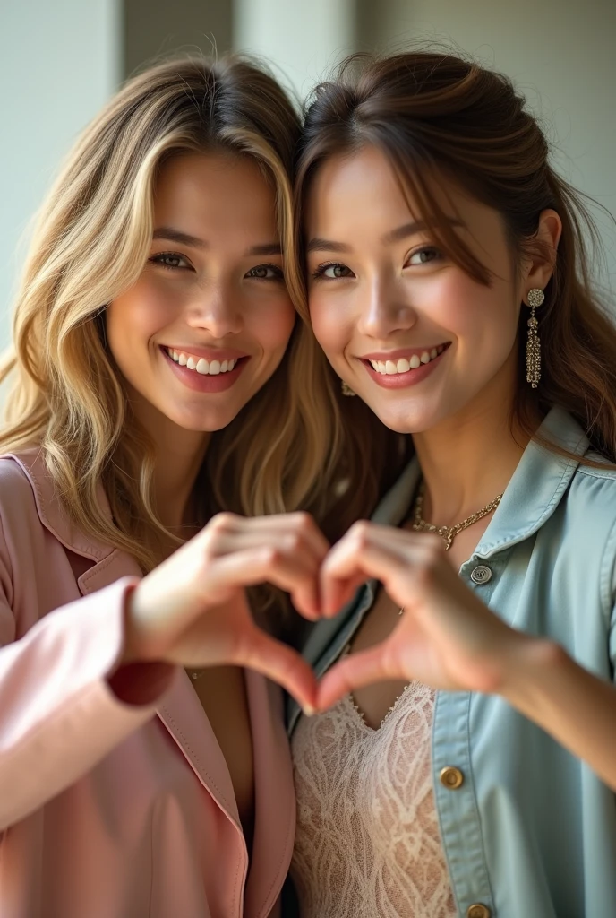 A photo where Taylor Swift and Rose from Blackpink appear making a heart with their hands