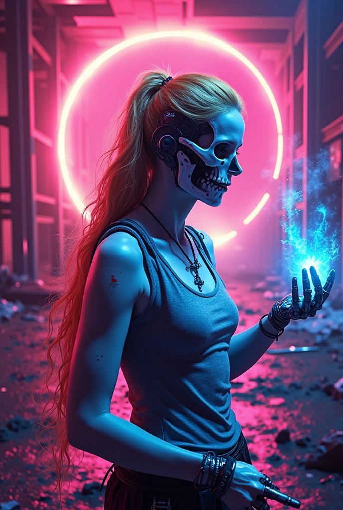 A highly detailed and realistic skull girl,( Anya. Taylor Joy) cyberpunk character, mad max furiosa, one hand robot, cyborg arm, orange hair, dramatic metal heavy rock theme, best quality, 8k, hyperrealistic, photorealistic, extreme detailed painting, studio lighting, vivid colors, dark moody atmosphere, cinematic, dramatic pose, intricate mechanical details, glowing energy effects, intense gritty textures, seamless integration of organic and inorganic elements. Wearing the used clothes of a wastelander. Background: An apocalyptic wasteland. Dusty and depressing.