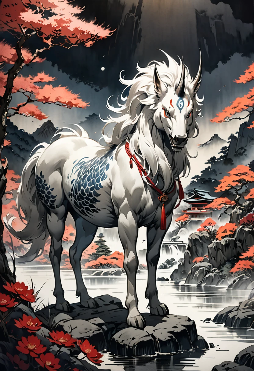 a magnificent mythical kirin creature,Japanese traditional art,ukiyo-e style,soft muted colors,ink wash painting,delicate brushstrokes,masterpiece,best quality,4k,8k,highres,ultra-detailed,photorealistic,studio lighting,dramatic lighting,intricate details,vibrant colors,natural scenery,ancient japanese landscape