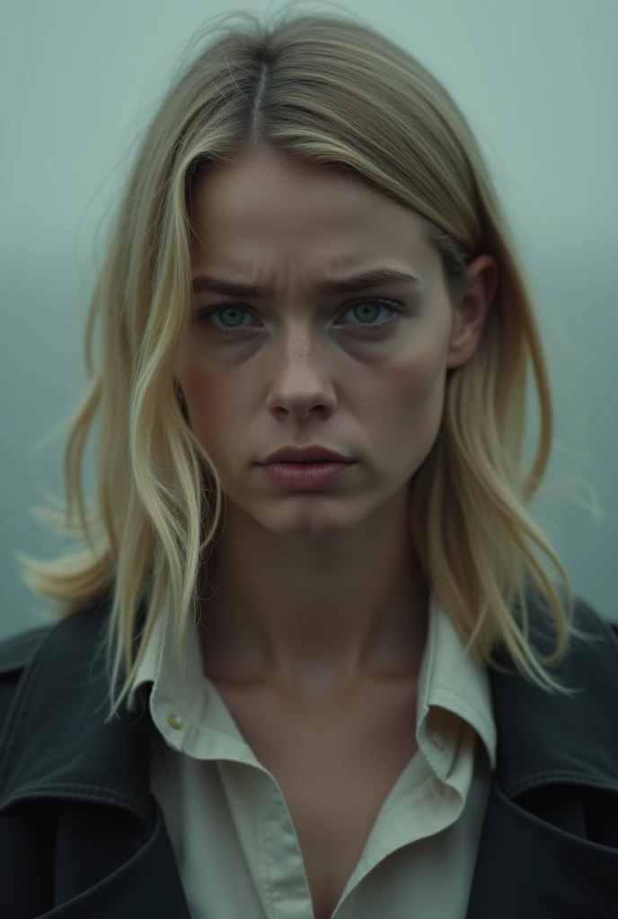 I need a blonde woman looking towards an advantage, The image has to represent concern