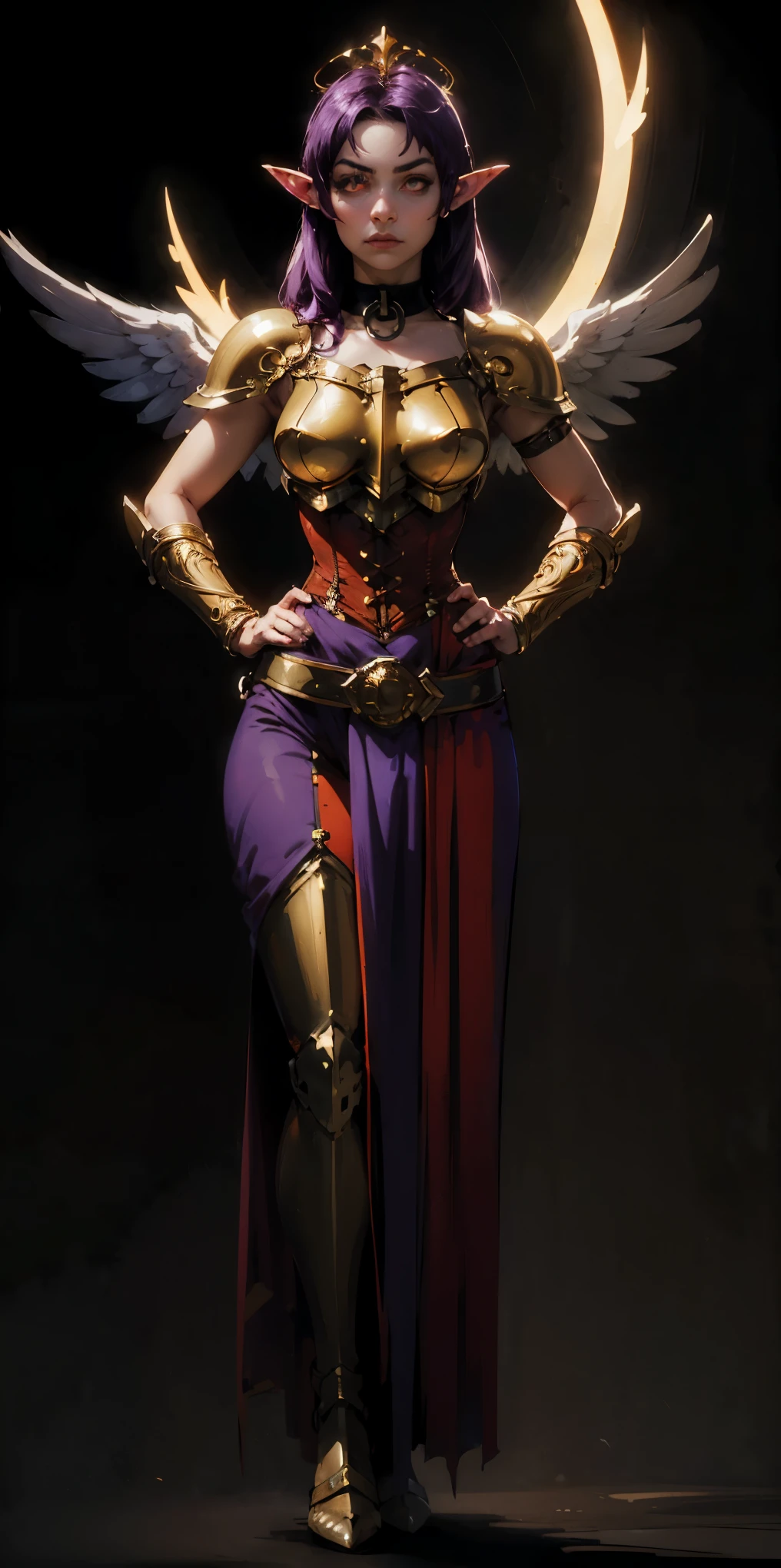 (Black background) paladin lady in ornate golden armor, arched crescent eyebrows, sharp and determined eyes, a delicate oval face, a serious expression, black collar, pauldrons, breastplate, leather corset, glowing halo, eye focus, red cape (full body, whole body, 1solo girl) loincloth standing, hands on hips, metal sandals, leather choker, big belt, view from below, feet together, bracers, tiara, feathers angel wings (leahter choker, elf, long pointy ears, purple hair, red eye)