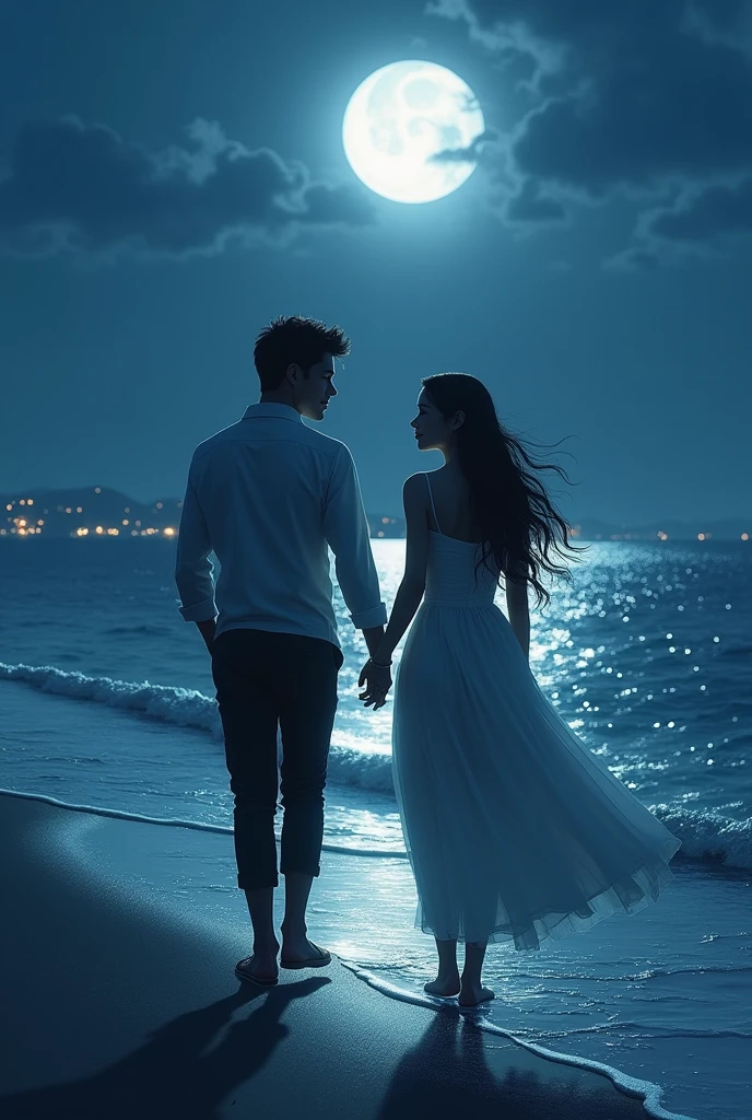 A man and a woman walk hand in hand under the moonlight by the sea.