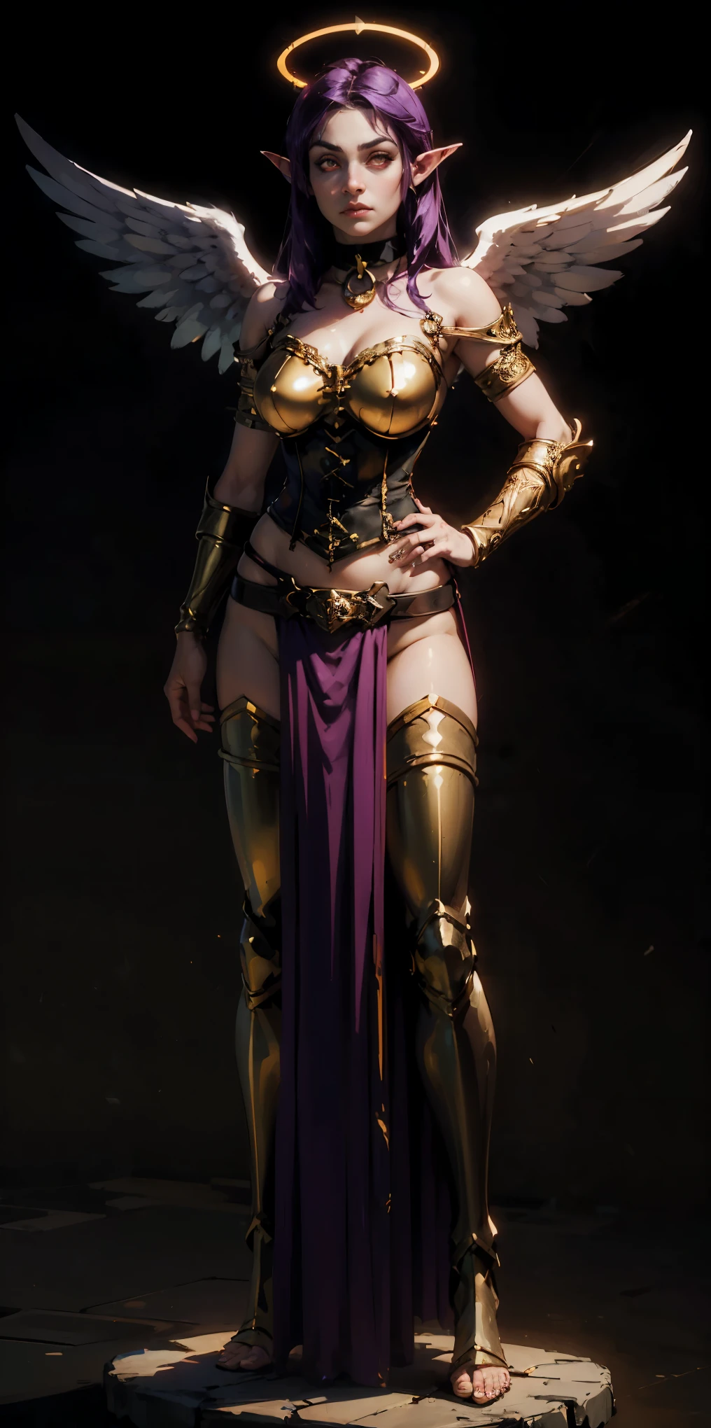 (Black background) paladin lady in ornate golden armor, arched crescent eyebrows, sharp and determined eyes, a delicate oval face, a serious expression, black collar, pauldrons, breastplate, leather corset, glowing halo, eye focus, red cape (full body, whole body, 1solo girl) loincloth standing, hands on hips, metal sandals, leather choker, big belt, view from below, feet together, bracers, tiara, feathers angel wings (leahter choker, elf, long pointy ears, purple hair, red eye)