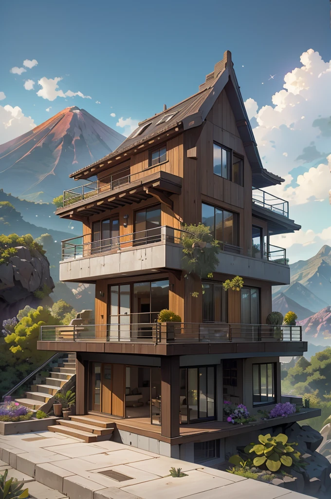 small and beautiful modern house in top of big boulders, terraces, pool, stairs, multiple cacti gardens, palms, trees, rocks, beautiful landscape design, mountains and volcano y background, amazing clouds, sun, moon, planets, milky way galaxy, concrete, wood, glass and steel materials, olive green, violet, orange and withe colors in facade