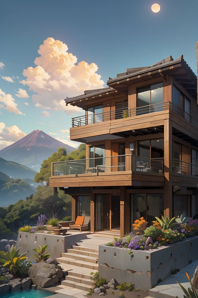 small and beautiful modern house in top of big boulders, terraces, pool, stairs, multiple cacti gardens, palms, trees, rocks, beautiful landscape design, mountains and volcano y background, amazing clouds, sun, moon, planets, milky way galaxy, concrete, wood, glass and steel materials, olive green, violet, orange and withe colors in facade