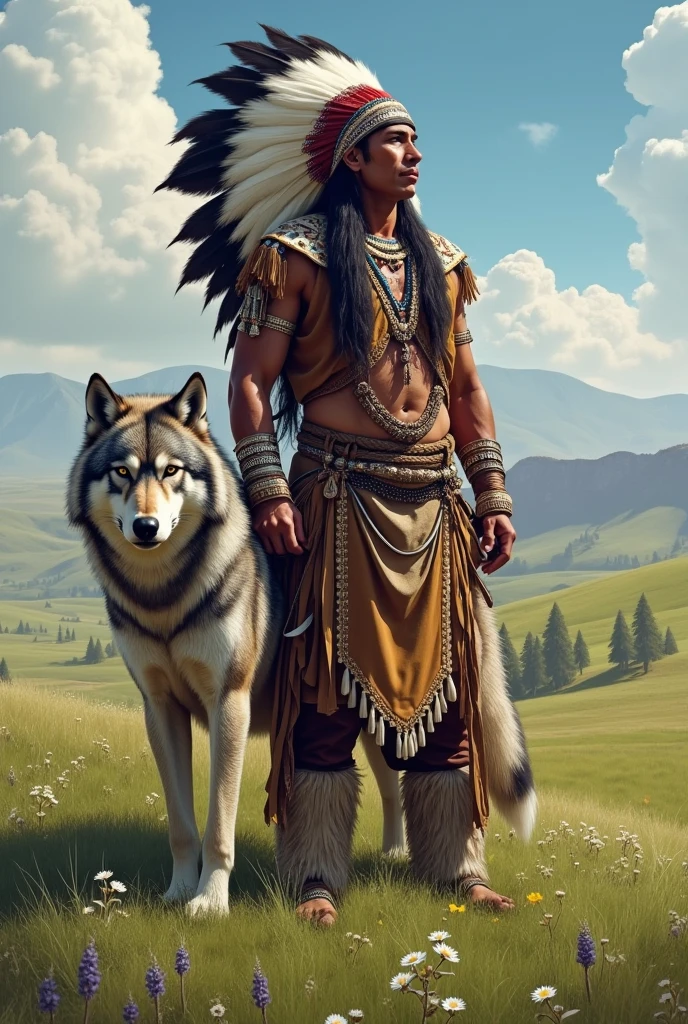 Sioux Indian with his pet, a large gray wolf on top of a meadow 