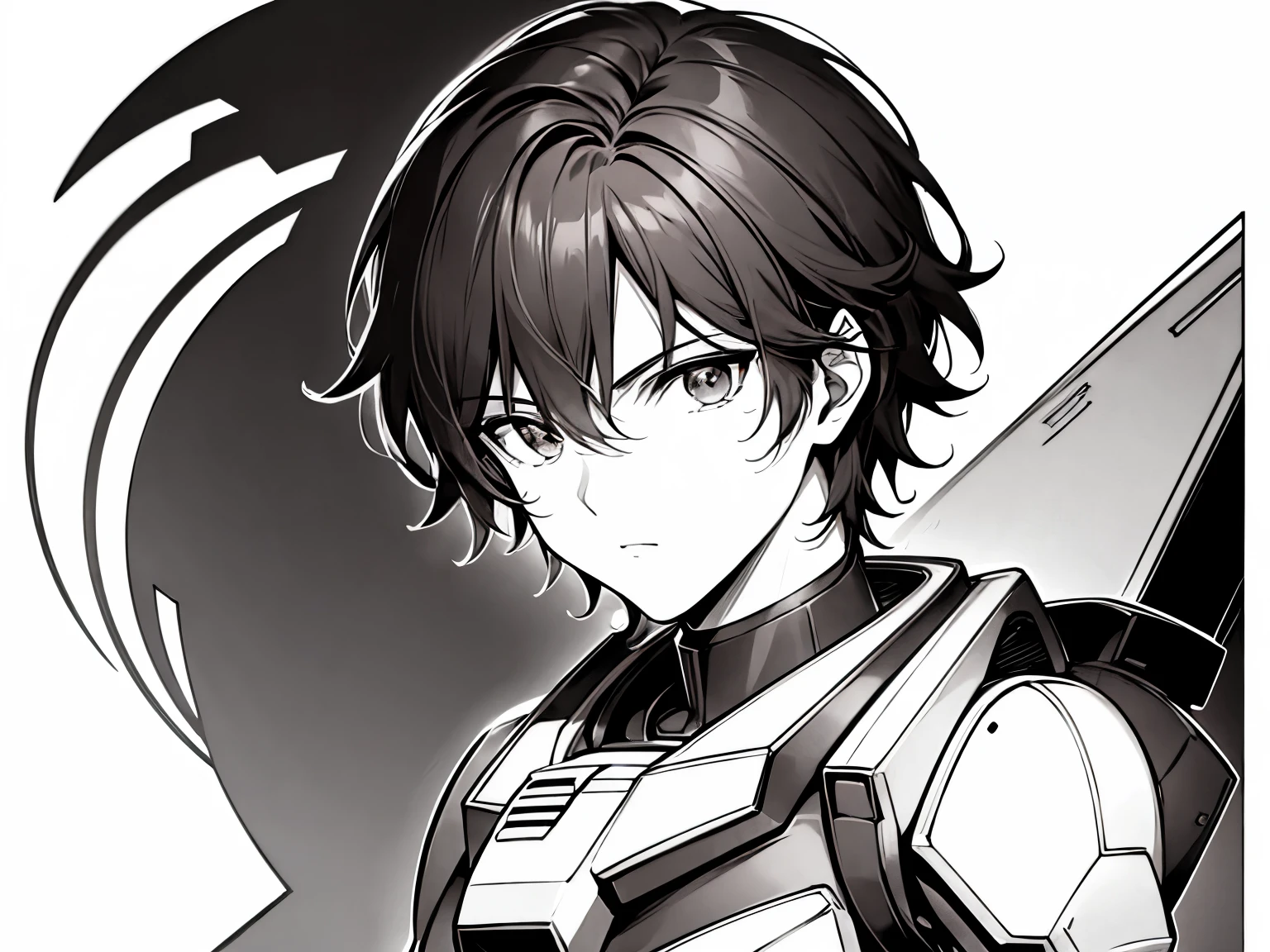 neocruz gundam pilot, have short, half, face to detail, detailed brown eyes, ((monochrome)) (clear line, Line art)