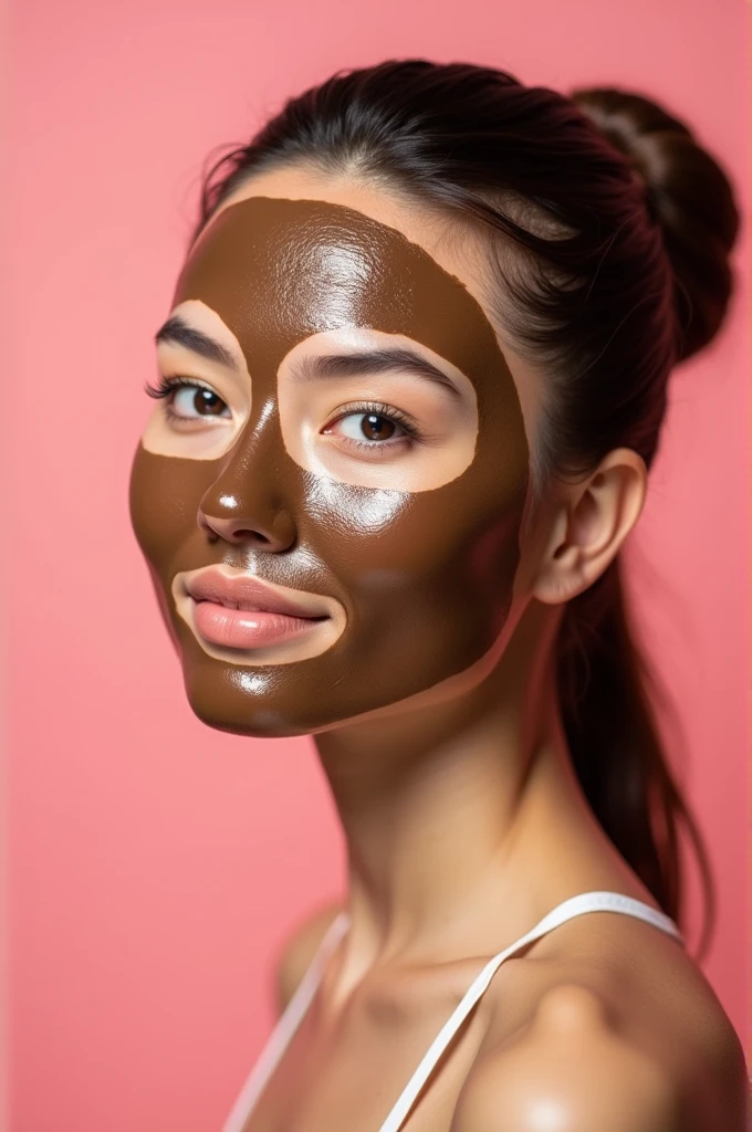 Shoot with pink or white background of female model with applied coffee mask